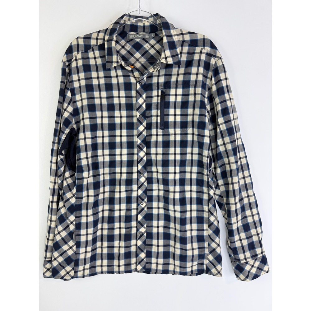Icebreaker Button Down Shirt Mens L Blue Plaid Merino Wool Zipper Pocket L/S